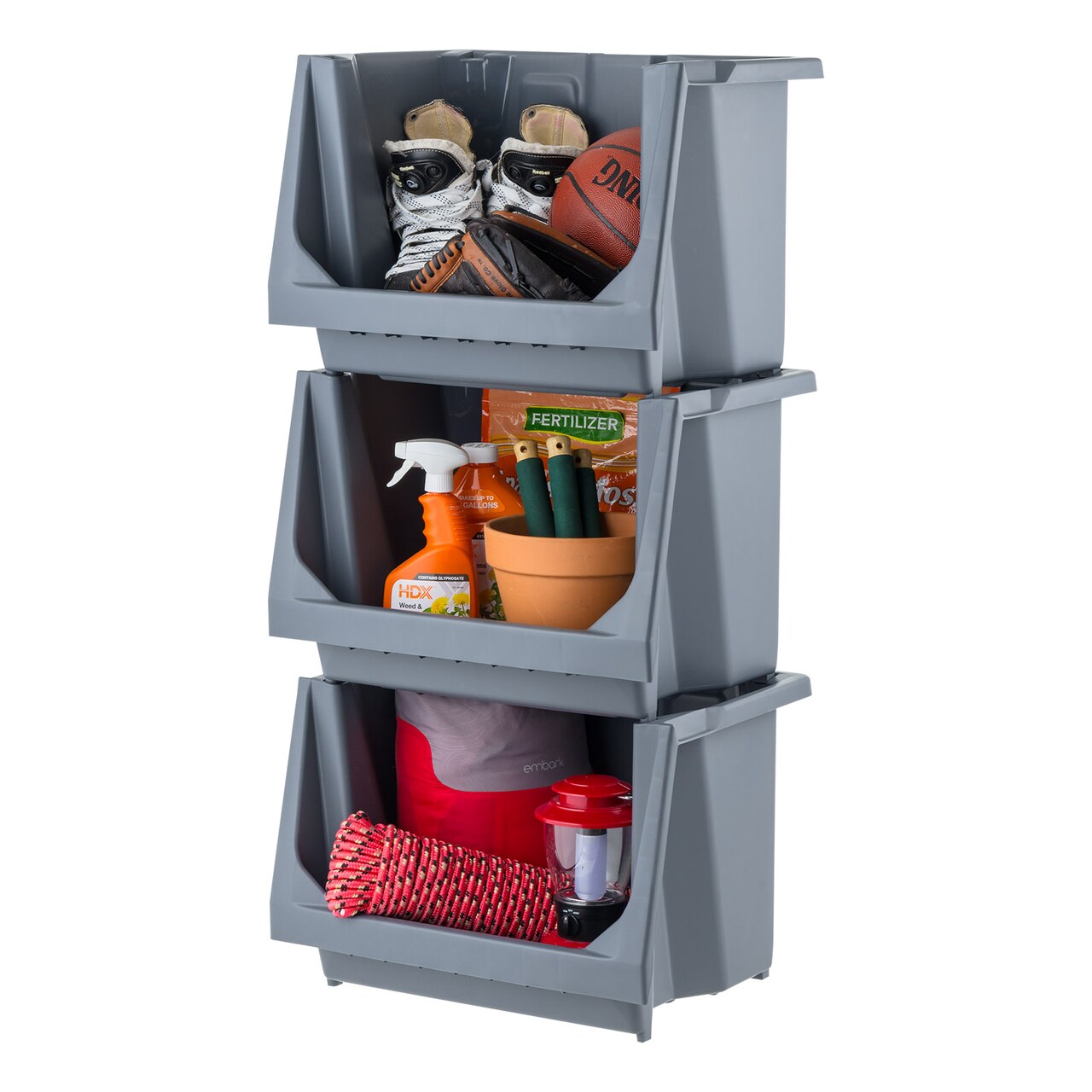 IRIS USA Medium Stackable Storage Bins Open Front, Heavy Duty Garage Organization, Gray 3Pack